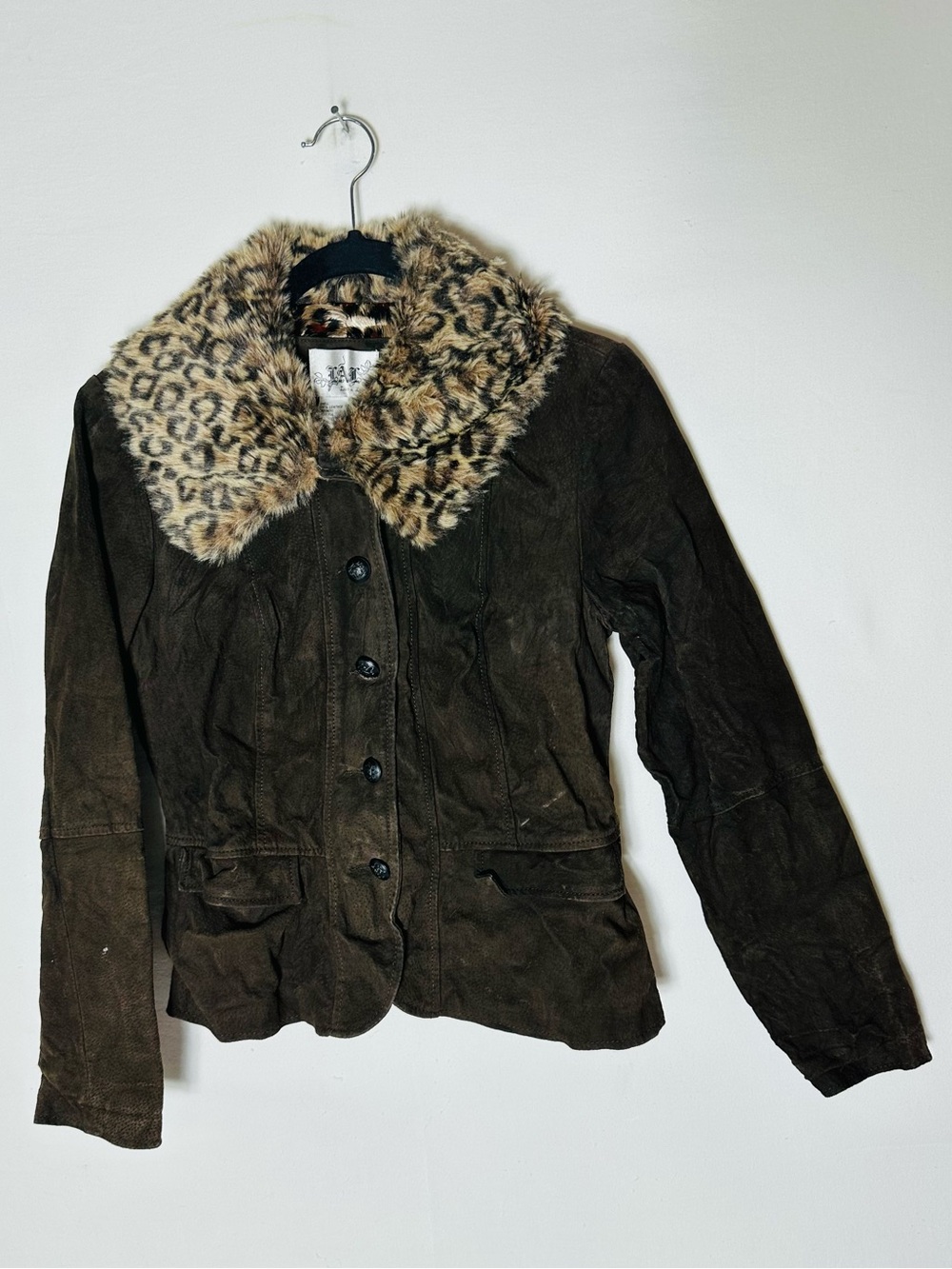 Vintage Y2K Live A Little Brown Suede Leather Jacket S Leopard Faux Fur Collar